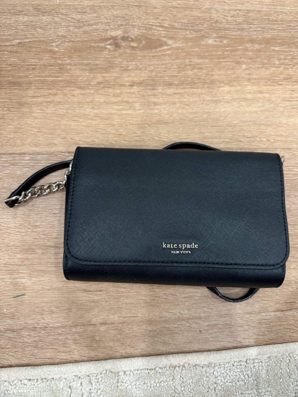 kate spade Black Leather Crossbody Wallet with Chain Strap